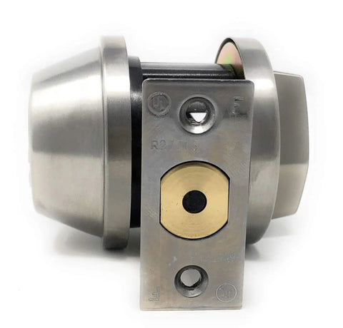 Deadbolt cylinder with stainless steel body and brass thumb-turn on a metal backplate.