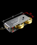 Rock Solid Heavy Weight Stainless Steel Sliding Door Rollers Double Wheel Design with dimensions, ideal for smooth window tracking.