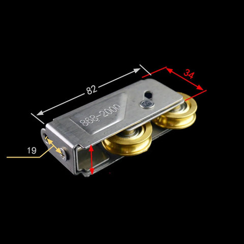 Rock Solid Heavy Weight Stainless Steel Sliding Door Rollers Double Wheel Design with dimensions, ideal for smooth window tracking.