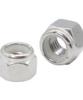 Close-up of 4-40 Nylock Nuts Set, 304 Stainless Steel Nylon Insert Lock Nuts for bolts, silver, 120 piece pack for DIY auto projects