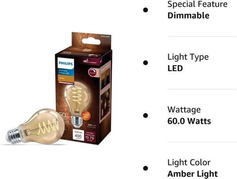 Vintage Edison Style Led Bulb 60W Equivalent Amber 2000K Warm Glow A19 Dimmable Flicker Free 400 Lumen Bulb packaging