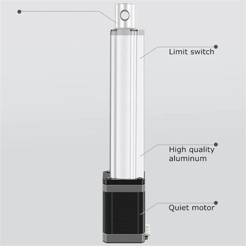 Heavy Duty Linear Actuator Motor Featuring Stepper Drive For Rock Solid Precision On Cnc Rigs Sliding Gates And Lift Tables, side view showing limit switch and aluminum casing.