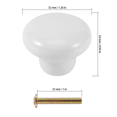 White Ceramic Cabinet Knobs Set 35 Pcs Vintage Round Drawer Knobs With Screws For Cabinets Drawers Dressers Doors And Kitchen Cupboards Locker Pull Handles Easy Install Smooth Gloss Finish shown with diameter and height dimensions.