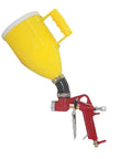Heavy Duty Aluminum Air Hopper Spray Gun With Quick Swap Nozzles For Slick Drywall Coatings And Super Easy Pro Grade Wall Painting Jobs In A Solid Yellow Build With 3L Reservoir, showing yellow hopper and red spray gun.