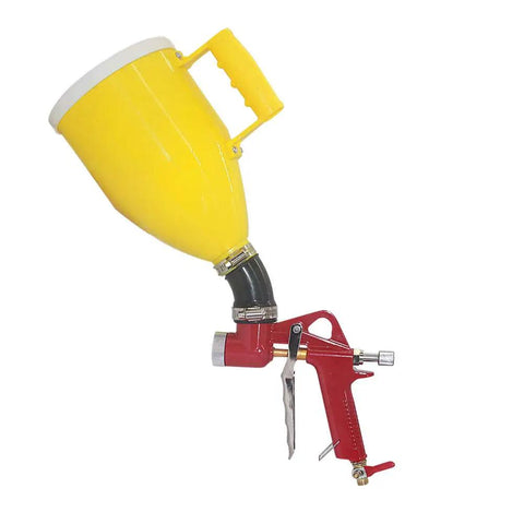 Heavy Duty Aluminum Air Hopper Spray Gun With Quick Swap Nozzles For Slick Drywall Coatings And Super Easy Pro Grade Wall Painting Jobs In A Solid Yellow Build With 3L Reservoir, showing yellow hopper and red spray gun.