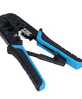 Ratcheting Crimping Tool Kit For Cat5 Ethernet With 8P And 6P Heads Easy Shear Blade Blue Black Finish Secure Cable Connections Pro Grade Pass Through