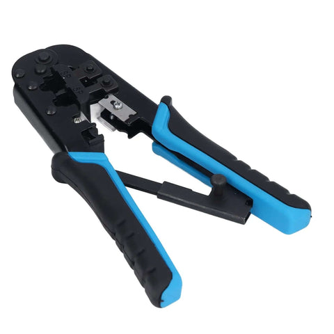 Ratcheting Crimping Tool Kit For Cat5 Ethernet With 8P And 6P Heads Easy Shear Blade Blue Black Finish Secure Cable Connections Pro Grade Pass Through