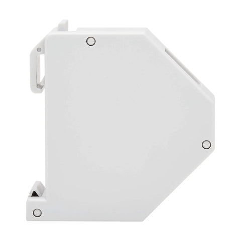 Side view of DIN Rail Snap-In Keystone Jack Mounting Enclosure Module With Plastic Left Cover And Grounding Spring For 35mm DIN Rail.