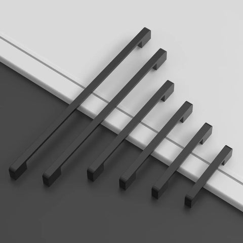 10 Pack 5 Inch Matte Black Kitchen Cabinet Handles And Drawer Pulls Hefty Build Cupboard Hardware For Instant Room Refresh Easy Install With Killer Matte Coating, showcased in different lengths.