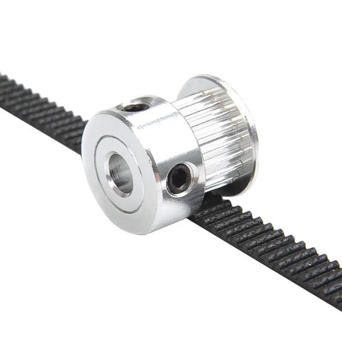 GT2 Timing Belt Kit 5M Long 6mm Wide 20 Teeth 5mm Bore Pulley Wheel With Idler Tensioner Spring Torsion Gear Clamp Mount Block And Allen Wrench For 3D Printer RepRap showing aluminum pulley and belt close-up