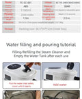 Kickass Multi Surface Steam Cleaner With Blazing Two Thousand Five Hundred Watt Heating And Three Bar Pressure Ready In Just Fifteen Seconds For Chemical Free Deep Sanitization Of Tile Stone Kitchen Cars And Patio Grills Green water filling tutorial showing water tank access and usage steps.