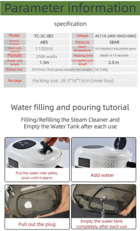 Kickass Multi Surface Steam Cleaner With Blazing Two Thousand Five Hundred Watt Heating And Three Bar Pressure Ready In Just Fifteen Seconds For Chemical Free Deep Sanitization Of Tile Stone Kitchen Cars And Patio Grills Green water filling tutorial showing water tank access and usage steps.