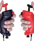 Hands holding two high precision slot car controllers for 1:43, 1:64 and 1:87 track sets, compatible with TR, ASR, MR and GD series