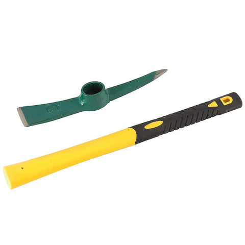Two Pack Garden Pick Set 15 X 10 Inch Heavy Duty Mattock Hoe with fiberglass handle, disassembled view of steel head and yellow handle.