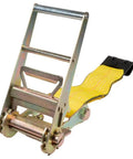 Hella Tough Ratchet Tie Down Straps With Flat Hooks, 30ft, yellow polyester webbing, heavy-duty ratchet mechanism.
