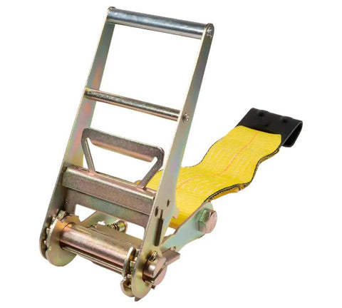 Hella Tough Ratchet Tie Down Straps With Flat Hooks, 30ft, yellow polyester webbing, heavy-duty ratchet mechanism.