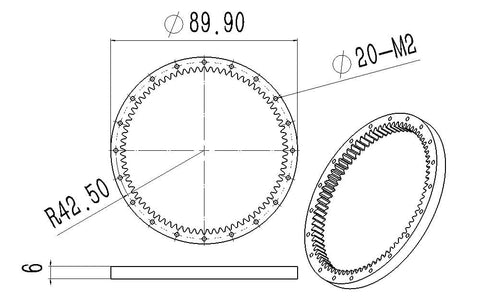 Technical drawing of M1 78-Tooth Internal Ring Gear for 1/12 scale RC models, showing diameter, thickness, and tooth details.