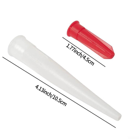Silicone Cartridge Nozzle For Mastic Caulking Tool With Resealable Tube Cap shown with dimensions, white and red pieces