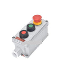 Angled front view of IP65 aluminum four-button pushbutton control box with red emergency switch and green/red/black caps