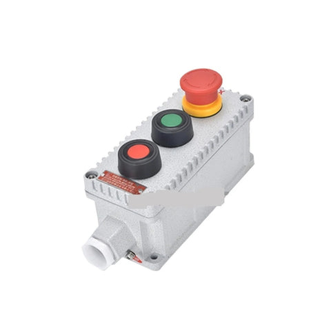 Angled front view of IP65 aluminum four-button pushbutton control box with red emergency switch and green/red/black caps