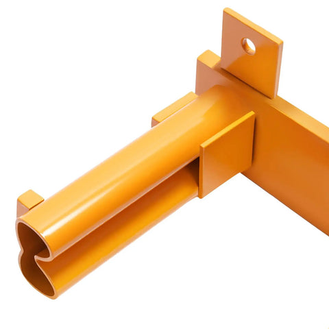 Close-up of a heavy-duty steel stake pocket camper tie down, powder coated orange, part of a 4 Pack Universal Stake Pocket Camper Tie Downs For Full Size Pickup Trucks, Heavy Duty Steel, Powder Coated Orange, Includes Screws And Instructions, Replaces TDSF NN2297.