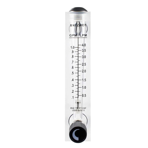 Front view of Panel Mounted Water Flow Meter M 15 0.1 to 1 GPM and 0.5 to 4 LPM with measurement scale and adjustment knob