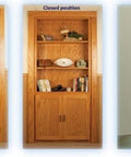 Slick Bookshelf Hidden Door Hinge System DIY Kit For Man Cave And Play Room showing inswing, closed, and outswing positions.