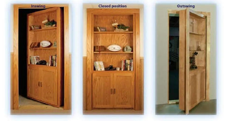 Slick Bookshelf Hidden Door Hinge System DIY Kit For Man Cave And Play Room showing inswing, closed, and outswing positions.