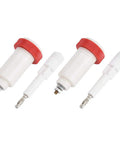 Top Rated Four Millimeter Banana Cross Jack Adapter providing a rock solid threaded fit with clear plastic bodies and red tops.