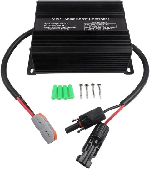 Built Tough 1000W Solar Charge Controller 24V To 72V No Nonsense Battery Charger with wiring and connectors for solar systems.