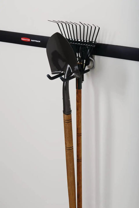 FastTrack Rail Garage Organization System With Multi-Purpose Hooks And 50 Lb Capacity holding tools in garage