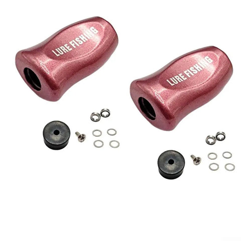 Upgrade Your Baitcasting Reel With These Sleek ABS Fishing Knob Handles For Ultra Lightweight Casting And Smooth Retrieval On Carbon Fiber Rocker Handles In Silver Finish. Two pink ABS fishing reel knob handles with mounting hardware on white background.