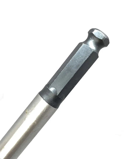 Close-up of hex shank on Heavy Duty Five Piece Wood Drill Bit Set With Four Flute Auger Design For Faster Chip Ejection And Smooth Clean Holes.