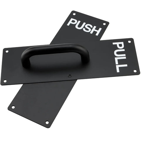 Stainless Steel Door Handles Set, 4 Pack, 12x4 Inches, Black Finish, Pull And Push Plates With 24 Screws, Commercial Grade Handles For Office, Home, And Retail Doors on black push plates