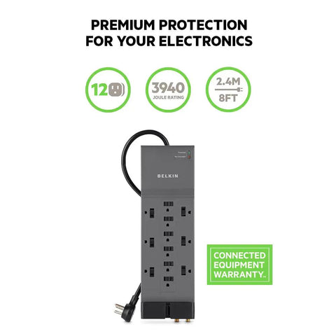 Beefy 12 Outlets Surge Protector Power Strip With 8 Foot Flat Plug For Home Office Travel Charging 3940 Joules Pack Of 3