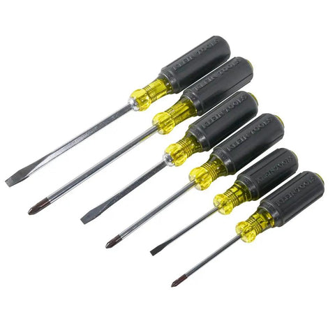 Six Piece Screwdriver Set With Cushion Grip Comfort, Precision Machined Flathead And Phillips Bits, arranged side by side