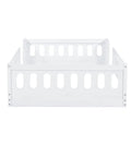 Front view of Twin Size Montessori Floor Bed With Safe Guardrails For Toddlers, White Wood Frame, Low To The Ground Design