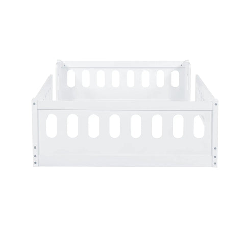 Front view of Twin Size Montessori Floor Bed With Safe Guardrails For Toddlers, White Wood Frame, Low To The Ground Design