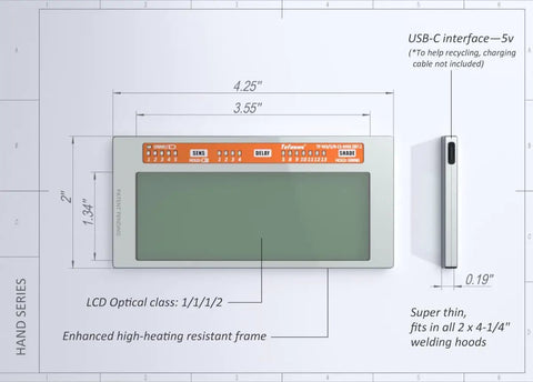Top and side view of Gold Coated Auto Darkening Welding Lens 2x4 Quarter Inch, 2 Amp TIG Rating, Variable Shade With Multiple Settings.