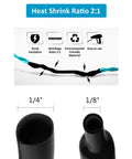 Heat Shrink Tubing Kit 650 Pieces Black 2 To 1 Shrink Ratio Wire Wrap Set For Electrical Cables, showing 1/4" and 1/8" sizes