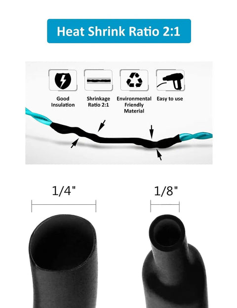 Heat Shrink Tubing Kit 650 Pieces Black 2 To 1 Shrink Ratio Wire Wrap Set For Electrical Cables, showing 1/4" and 1/8" sizes