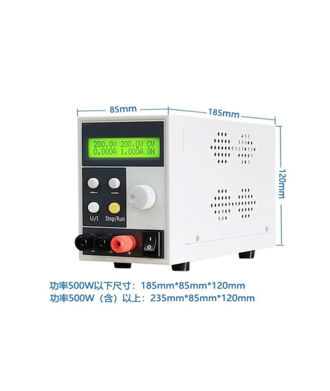 Pro-Grade High Precision DC Power Supply 0.01V 0.001A Resolution, 1000W, 1000V Output, AC 110V In, Adjustable Voltage And Current, RS232 And RS485 Interface For Lab Testing And Precision Electronics, front view, 185mm x 85mm x 120mm