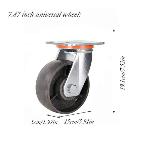 Heavy Duty Solid Cast Iron Caster Wheels Pack Of Four With Reinforced Ball Bearings Badass Smooth Rollin Action Extra Thick Core Industrial Strength Garag 7.87 inch universal wheel with metal bracket.