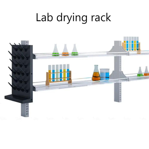 Wall Mount Lab Drying Rack Holds 27 Pegs For Test Tubes Glassware Beakers Polypropylene Construction Removable Tray Holes Heavy Duty Cleaning Equipment Black Finish Durable Design with colorful glassware