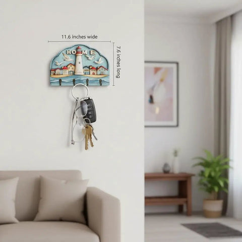 Wall Mounted Key Holder With Four Hooks, Rustic Wood Key Rack For Home, Entryway Or Office, Modern Yet Beachy Seagull Decor