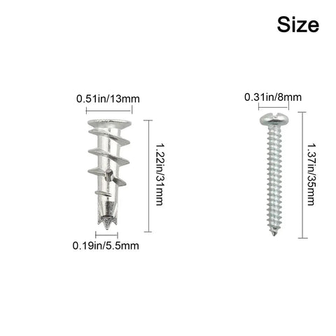 Tool Free Self Drilling Drywall Anchors Kit 100 Pcs Zinc Hollow Wall Anchors with Screws size chart for drywall and brick