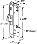 Diagram of E 2199 Stainless Steel Mortise Lock With Adjustable Spring Loaded Hook Latch showing dimensions and 45 degree keyway.