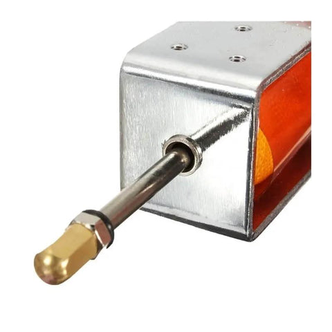 Close-up of Long Stroke 35mm Push Pull Solenoid Actuator for DC 12V Open Frame Linear Electromagnetic Motor Drivers in metal housing