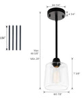 Vintage Glass Pendant Light With Clear Shade Black Single Hanging Pendant Lighting dimensions and components displayed