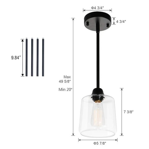 Vintage Glass Pendant Light With Clear Shade Black Single Hanging Pendant Lighting dimensions and components displayed